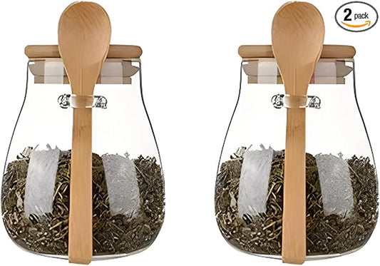Airtight glass jar storage container with bamboo lid Set of 2, wide mouth, leak-proof, With a spoon, can be used for coffee beans, tea leaves, grains, dried fruits, etc (Small)