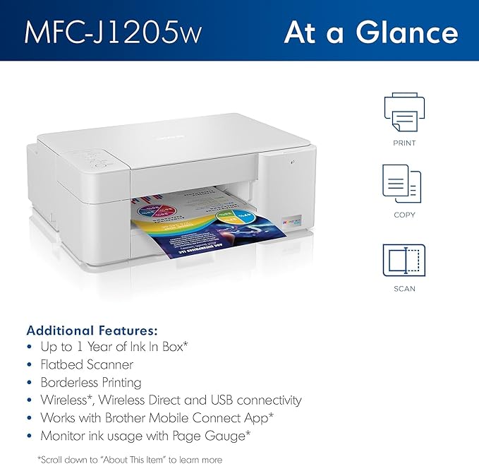 Brother MFC-J1205W INKvestment -Tank Wireless Multi-Function Color Inkjet Printer with Up to 1-Year in Box, Works with Alexa