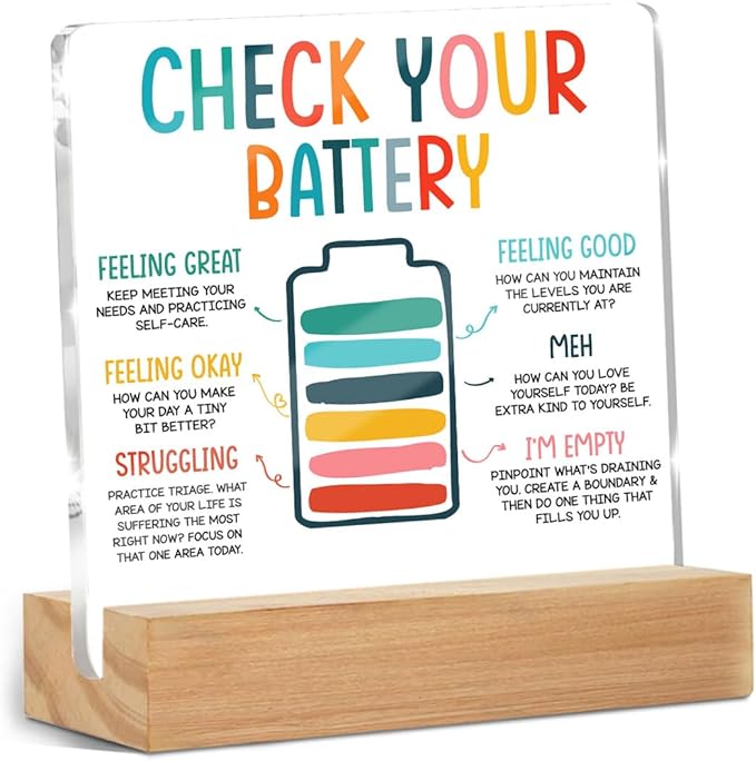Inspirational Gifts for Women Men Coworkers, Mental Health Therapist Office Desk Decor Clear Acrylic Sign, Therapist Office Art Decor for Desk Gadgets Tabletop Cubicle, Check Your Battery