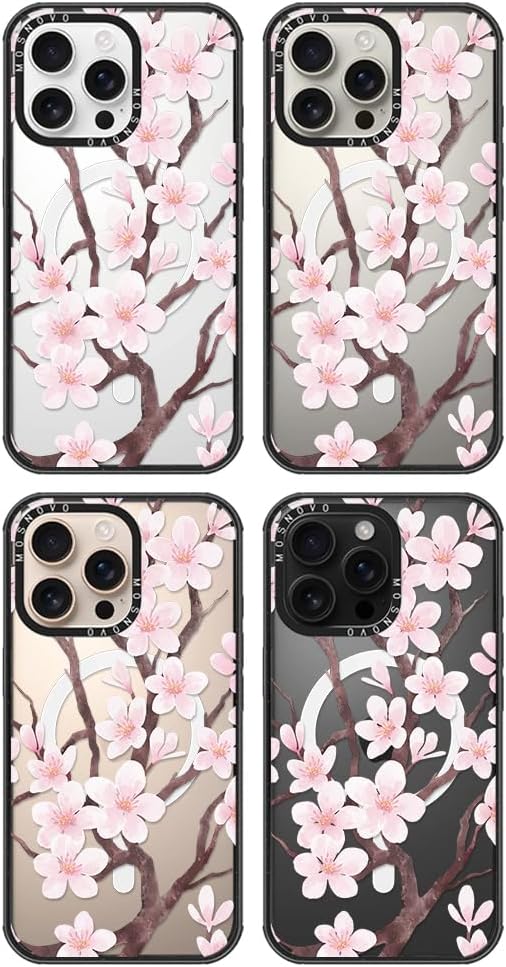 MOSNOVO Magnetic Case for iPhone 16 Pro Max, 10ft Military-Grade Protection, Compatible with Magsafe, Shockproof Phone Case for iPhone 16 Pro Max - Cherry Blossom - Clear Black