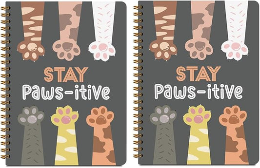 2 Pcs Cute Pet Spiral Notebook - Stay Pawsitive, Cats Claw Notebook College Ruled, Journaling for Work, Note Books Home College Office Supplies Gatos Cat Lover Gifts for Girls Teens Colleagues