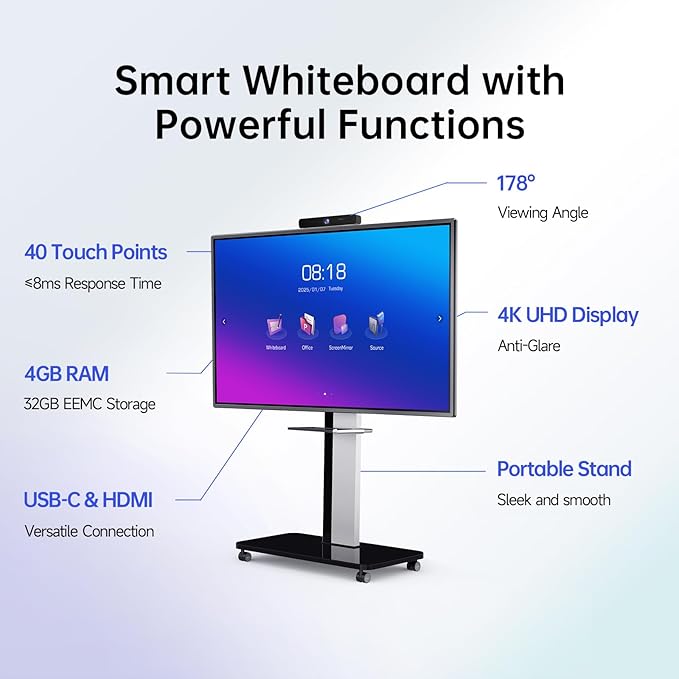 55 Inch Smart Board, Interactive Whiteboard, 4K UHD Touch Screen Digital Board, Digital Electronic Smartboard for Classroom,Office & Conference Rooms,Open App Ecosystem(Board & Wall Mount Only)