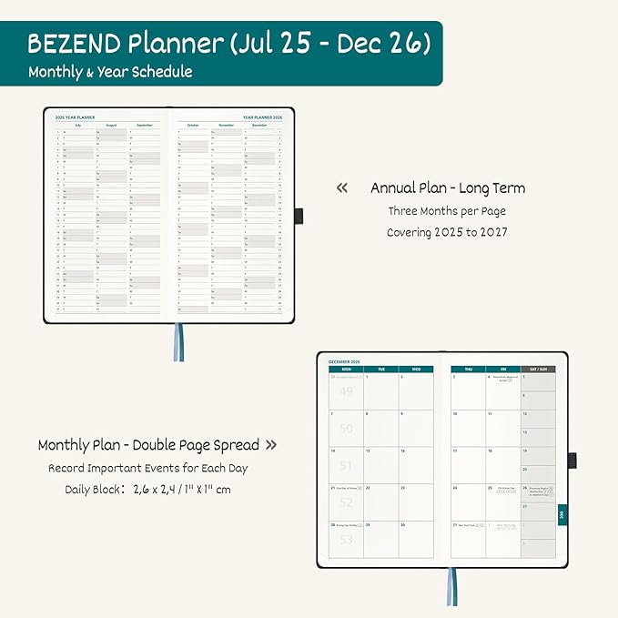 BEZEND Pocket Planner 2026 Weekly and Monthly (3.5" x 6"), 2-Column Calendar Book for Purse (Jul 25-Dec 26), Dual Schedule for Daily Appointment, Inner Pocket, PU Leather Hardcover - Dutch Blue