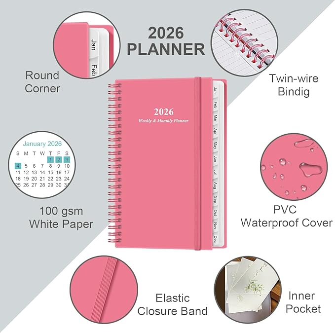 2026 Pocket Planner/Calendar - 2026 Planner from January 2026 - December 2026, Planner 2026 with 12 Tabs, Twin-Wire Binding, Inner Pocket, 3.75" x 6.75, Pink