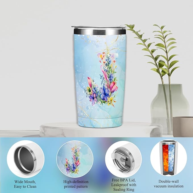 Personalized Gifts Monogrammed Birthday Gifts for Women, Maid of Honor Bachelorette Wedding Christmas Initial 20 oz Tumbler, Makeup Bag Cup Pens Journal Notebook 6 Set, (Aesthetic Blue Flower J)