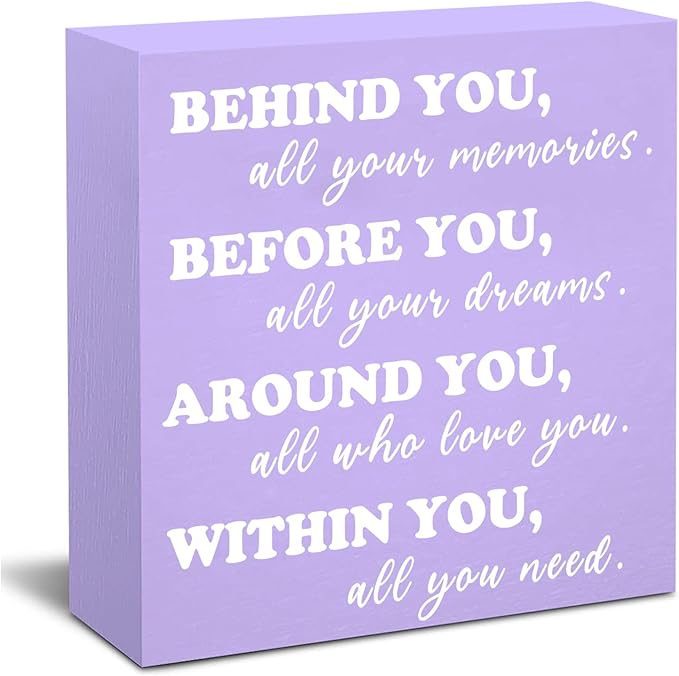 Behind You All Your Memories Purple Wooden Box Block Sign Graduation Quote Decor Desk Sign Purple Positive Office Decor for Women Desk Cubicle Decoration Grad Gift
