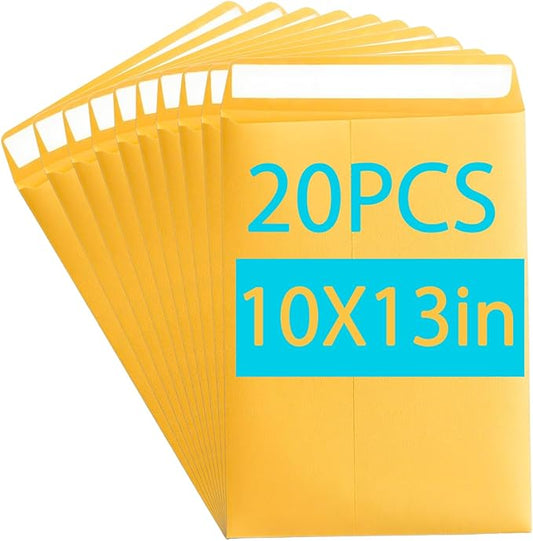 10x13 manila envelopes, Catalog Envelopes - 28lb Brown Kraft Paper with Self-Seal Closure | Ideal for Mailing Flat Letter-Size Documents & Photos (Yellow, 20PCS)