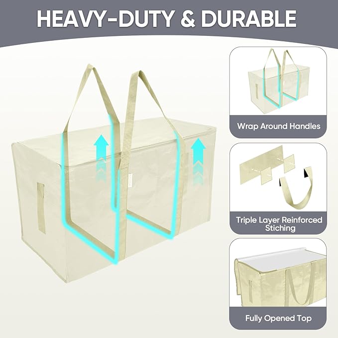 TICONN 4 Pack Extra Large Moving Bags with Zippers & Carrying Handles, Heavy-Duty Storage Tote Moving Boxes for Space Saving (4 Pack, Cream)