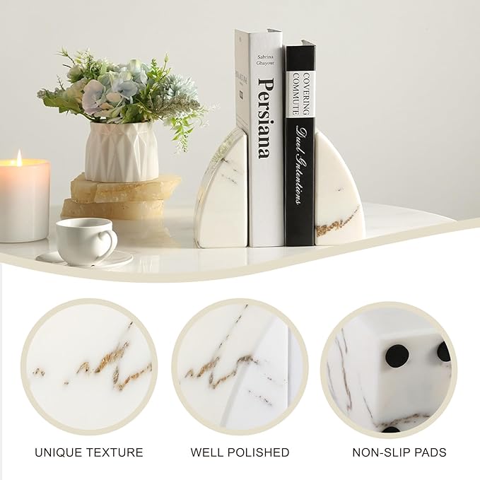 Koville Marble Bookends for Shelves, Large Bookends for Heavy Books, Natural Stone Book Stopper for Books CD Movies, Aesthetic Decorative Book Ends (Oriental Calacatta)