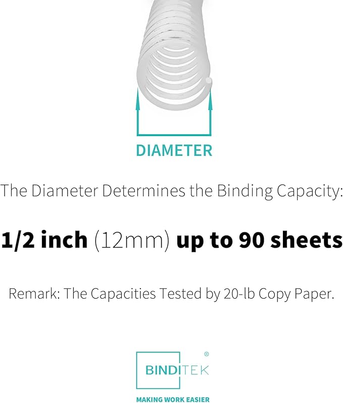 Binditek 50 Pack Plastic Spiral Binding Coils, 12mm(1/2"), 90 Sheet Capacity, 4:1 Pitch, White, 48Loops, for Letter Size, for Students and Coworkers
