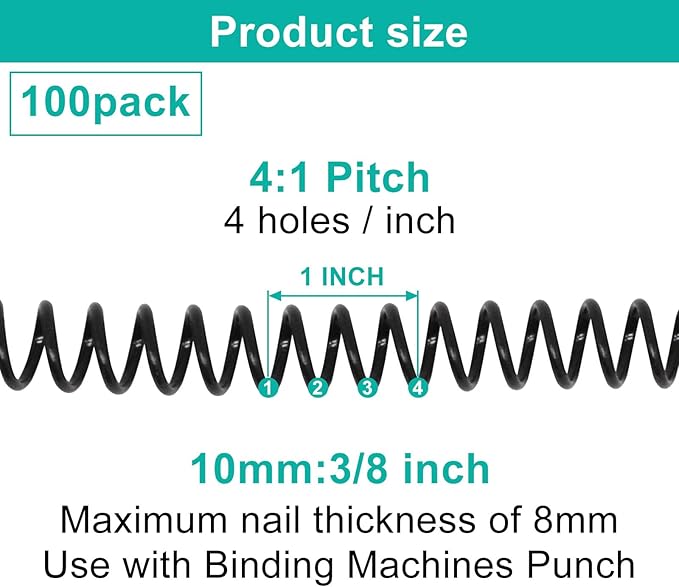 Plastic Spiral Binding Coils 100 Pack, Coil Binding 10mm(3/8") 75 Sheet Capacity, 4:1 Pitch Black Binding Spirals for Students and Coworkers