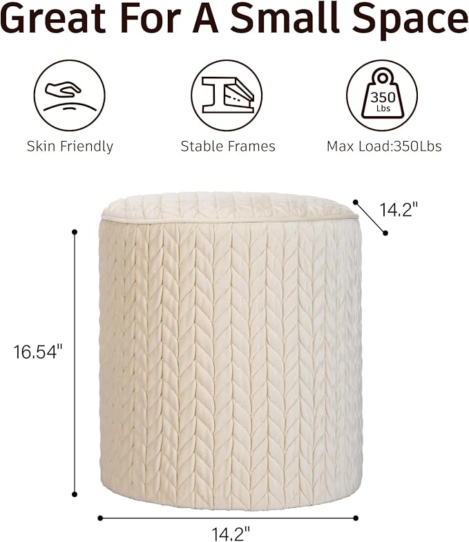 Modern Round Ottoman 2Pcs, Braided-Tufted Foot Stool Ottoman, Velvet Upholstered Vanity Stool for Makeup, Bedroom, Living Room, White