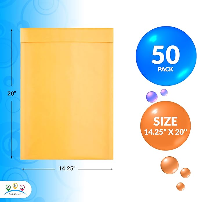 ABC PACK & SUPPLY Yellow Kraft Bubble Mailer Envelopes, 14.25 x 20 Inches. 50 Pack Mail Padded Envelopes Self Seal. Kraft Bubble Mailers. Tear-Resistant Mailing Envelope Padded. Sturdy Paper Mailer