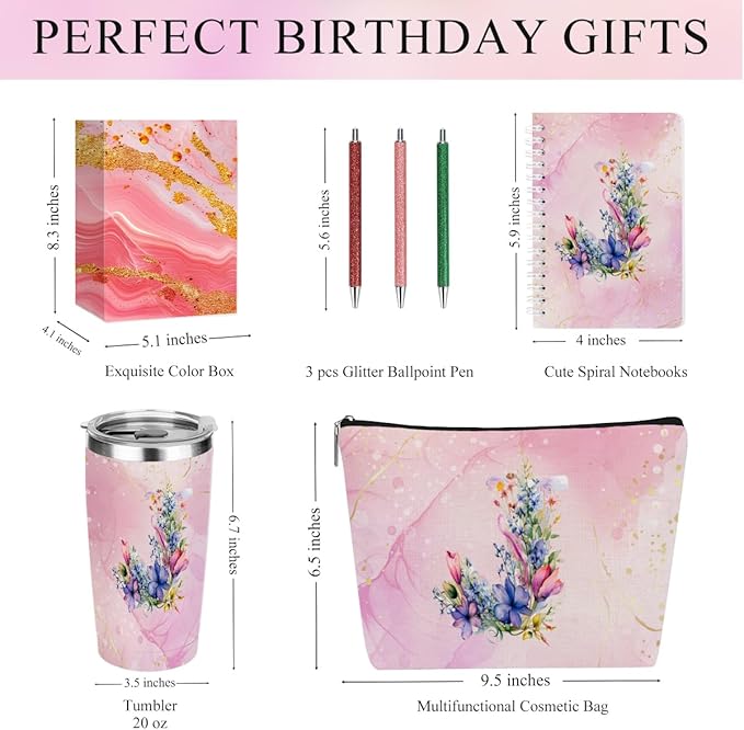 Personalized Gifts Monogrammed Birthday Gifts for Women, Maid of Honor Bachelorette Wedding Christmas Initial 20 oz Tumbler, Makeup Bag Cup Pens Journal Notebook 6 Set, (Aesthetic Pink Flower J)
