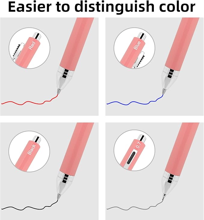 4 in 1 Multi Function Refillable and Retractable Multi Color Pen,Black Red Blue Ballpoint Pen and 0.7mm Multicolor Pencil, Multicolor Pen Gift for Journaling (Pink)