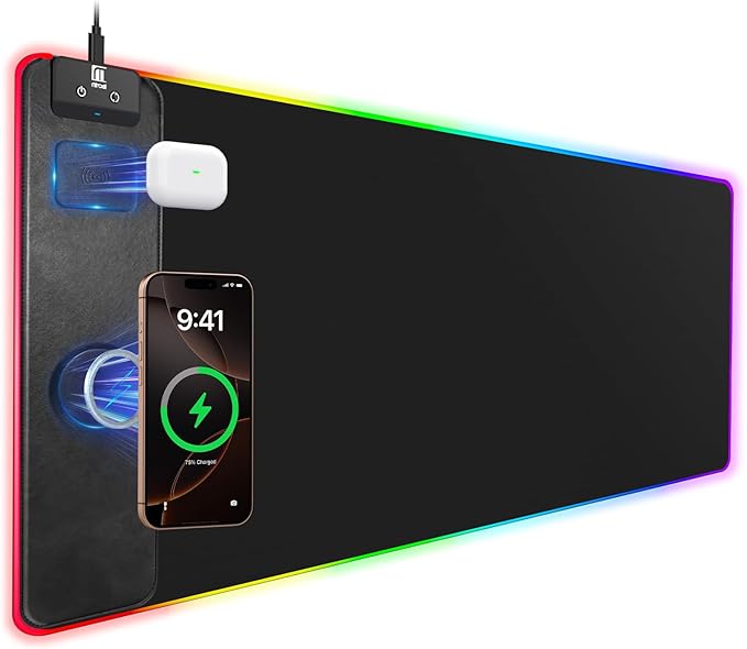 Mouse Pad with Magnetic Wireless Charging, Large Desk Pad Protector, RGB Black Mousepad Desk Mat with 15W Fast Charger, 4mm Thick Non-Slip, Waterproof Laptop Writing Pad for Office, Home, Gaming