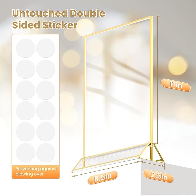 Acrylic Sign Holder 8.5X11 Gold Frames Double-Sided Gold Picture Frames Display Stand for Menu Holder Flyer Holder Wedding Table Number Holder Photo Frames with Double Sided Sticky Dots -6 Pack