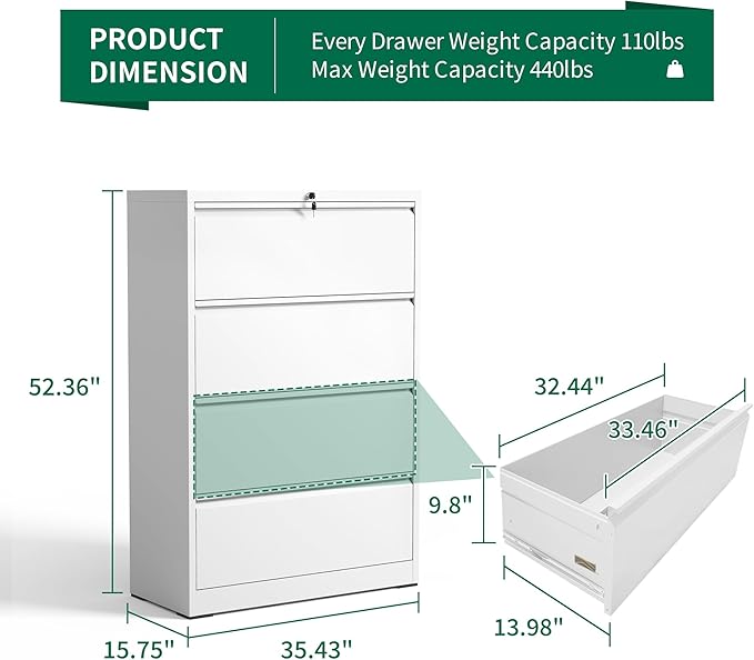 4 Drawer Lateral File Cabinet, Metal Filing Cabinets for Home Office, Steel Storage Wide File Cabinet for Letter/Legal/F4/A4 Size with Hanging Bars, Assembly Required (White)