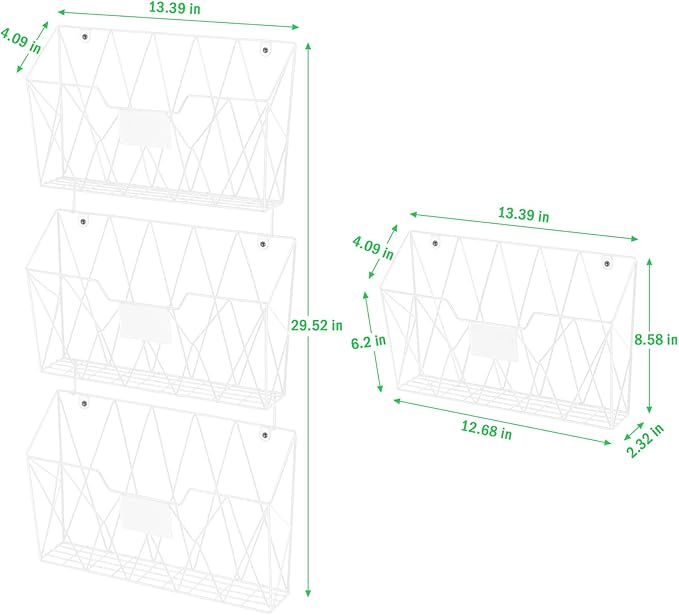 Wall File Holder 6 Pockets Hanging Wall File Organizer, for Papers, Files Clipboard & Magazine Organizer, Wall Mount File Holder Rack for Office Home, White
