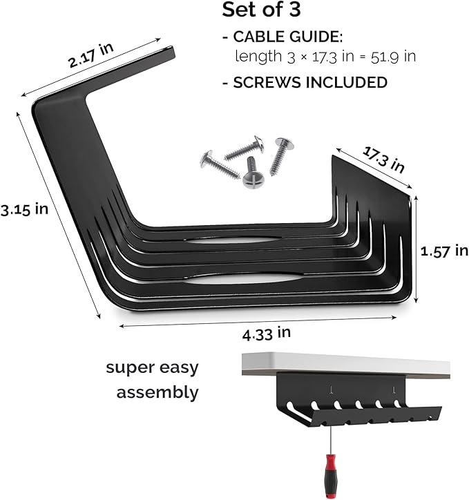 PAMO Cable Management Under Desk for Easy mounting Under-Table I Set of 3 - with 10X Cable Ties I Desk Organizer for Office/Home Office Table Thoughtful Cable Tray Holder