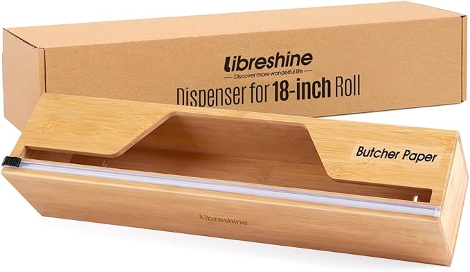 18 Inch Butcher Paper Dispenser with Cutter | Heavy-Duty Holder for Plastic Wrap, Foil, Freezer Paper & Kraft Rolls | Wall/Tabletop Bamboo Organizer | Kitchen, Crafting, Commercial Use