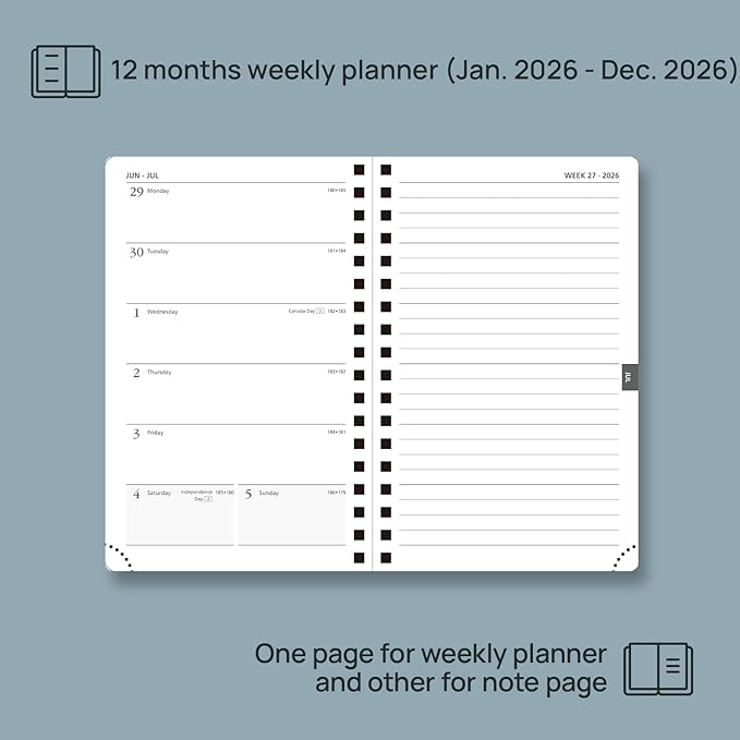 POPRUN 2026 Planner Weekly Notebook (Jan-Dec), Small Size 4''x 6.25'' - 2026 Pocket Calendar for Purse with Spiral Soft Cover, Plastic Ruler, Inner Pocket, 100 GSM - Cerulean Blue