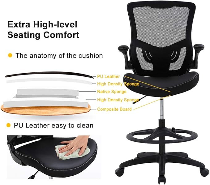 Drafting Chair Ergonomic Tall Office Chair Standing Desk Chair with Flip Up Arms Foot Rest Back Support Adjustable Height Mesh Drafting Stool, Black
