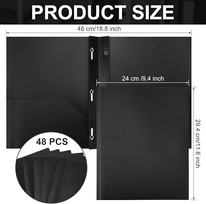 Patelai 48 Pcs Plastic Folders with 2 Pockets and 3 Prongs Home Folders with Card Slot Letter Size Heavy Duty Report Covers for Back to School(Black,Classic)
