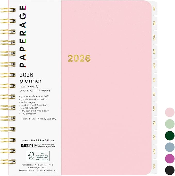 PAPERAGE 2026 Weekly & Monthly Planner, 12 Months (January 2026 - December 2026), 6.6 in x 8.1 in, Spiral Bound 2026 Planner with Weekly, Monthly & Yearly Views, Note Pages & Inner Pocket – Blush