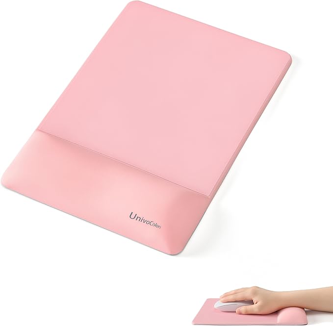 UnivoColors Design-Wave Wrist Rest Mouce Pad,PE Mouse Sliding Panel+Artificial Sheepskin+Memory Foam+Ergonomic+Anti-Slip Gel,Resilience Support During Work and Gaming,Mouce Accessory,Pink