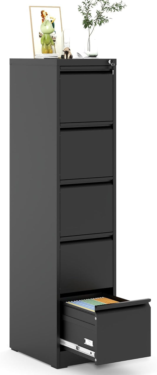 5 Drawer File Cabinet with Lock, Metal Vertical Filing Cabinet for Home Office, 64" Tall Narrow Locking Steel File Cabinets with Drawers, Storage for Legal/Letter/A4/F4, Easy Assemble (Black)