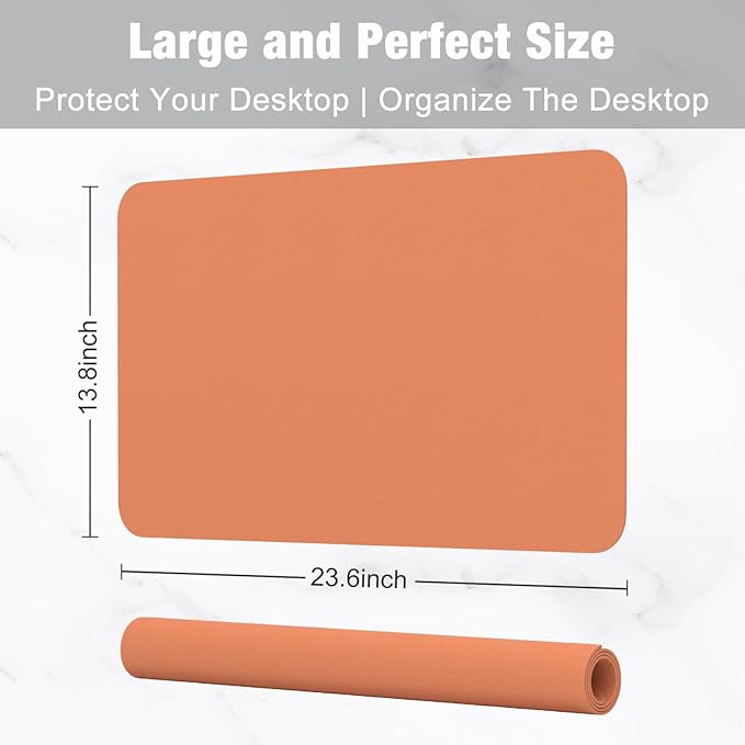 Hsurbtra Desk Pad, 23.6" x 13.8" PU Leather Desk Mat, M Extended Mouse Pad, Waterproof Desktop Blotter Protector, Non-Slip Ultra Thin Small Laptop Keyboard Writing Mat for Office Home, Orange Pink