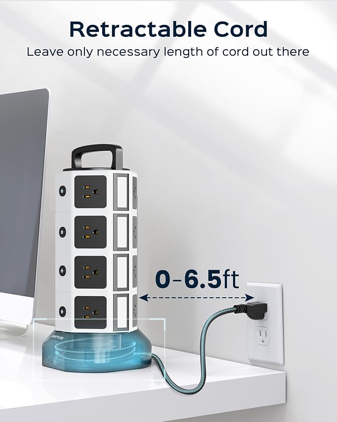 Power Strip Tower Surge Protector - JACKYLED 16 AC Outlets(13A) 6 USB Ports Electric Charging Station, 1050J Surge Electric Tower, 1625W Outlet Extender, 6.5ft Heavy Duty Extension Cord for Home