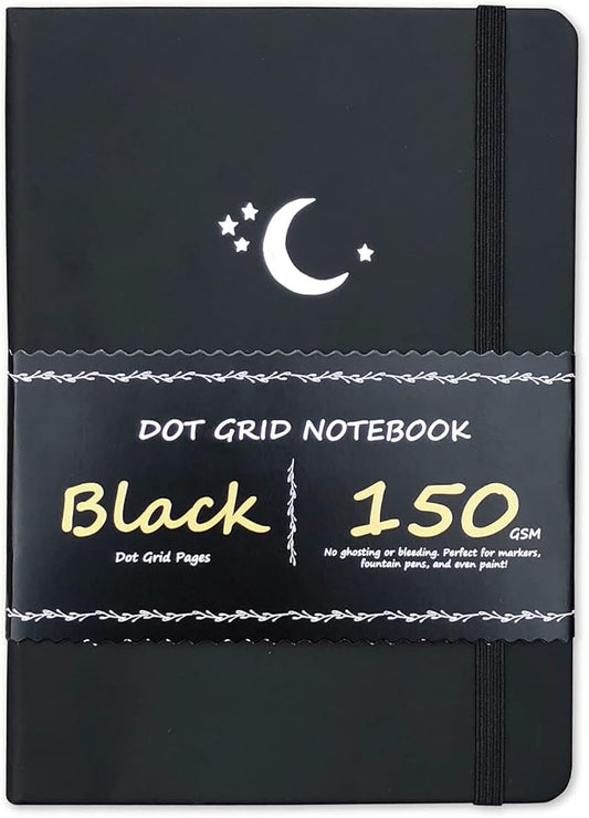 BUKE Dotted Journal - Dot Grid Notebook - 150gsm No Bleed Black Paper - 160 Black Pages - For Women and Men - A5 PU Leather Hardcover 5.75" x 8.5" and Gift Box MOON Stars(BKB-4)