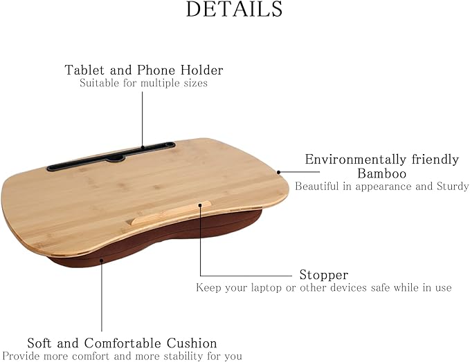 SUMISKY Lap Desk-Portable Laptop Table with Cushion Bamboo Platform Phone Holder L(21.6"x13.8")