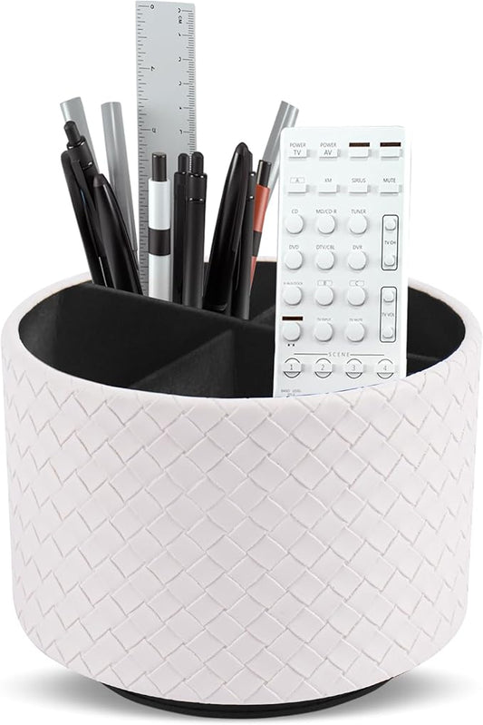 Hennaja Round Leather Art Supply Organizer,Remote Control Holder,360 Degree Spinning,Multi-Functional Pencil Holder,4 Compartments Desktop Stationary Organizer(1-Weave White)