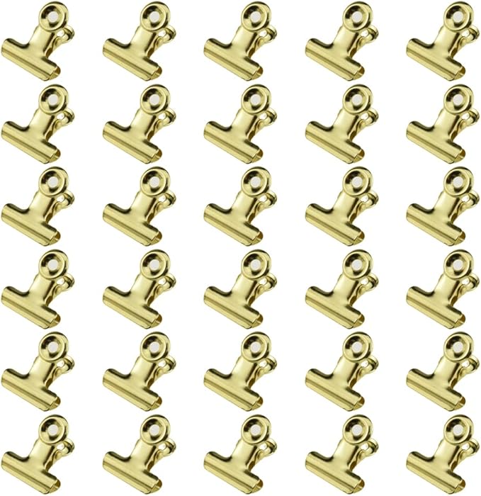 HAHIYO 0.87inch Light Gold Bulldog Clips Metal File Hinge Binder Clips Clamps Save Space Strong Spring Jaws Rock Solid Grip Book Lay Flat Deburred Edge for Hang Photos Wall Grid Dog Food 30PCS