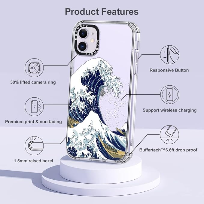 MOSNOVO Case for iPhone 11, [Buffertech 6.6ft Military-Grade Drop Protection] [Anti Peel Off Tech] Clear TPU Bumper Phone Case Cover Design - Great Wave