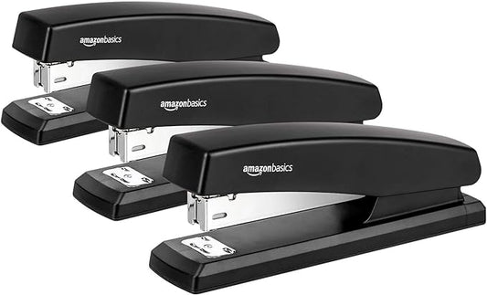 Amazon Basics Desktop Stapler with 1000 Staples, Office Stapler, Lightweight, Easy to Use, 25 Sheet Capacity, Non-Slip, Black, 3 Pack