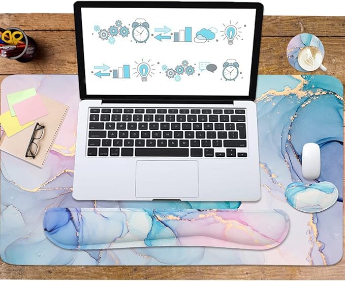 Ergonomic Large Mouse Pad and Keyboard Wrist Rest, Desk Pad for Keyboard and Mouse, 4-in-1 Large Gaming Mouse Pad with Wrist Support - Blue Marble