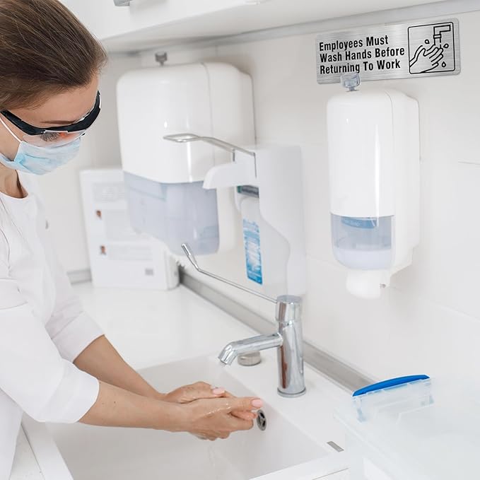 Employees Must Wash Hands Before Returning To Work Sign Aluminum Silver 9 x 3 Inches Self-Adhesive Waterproof Metal Door Wall Sign for Business Bathrooms 4 Pack