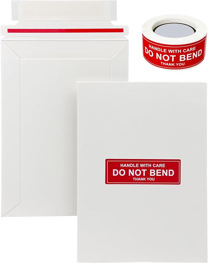 100 Pack 5x6.95" Rigid Mailers Cardboard Envelopes, 400GSM Photo Mailers Shipping Envelope with "DO NOT BEND" Labels, Small Stay Flat Self Seal Document Envelope for Trading Cards- White