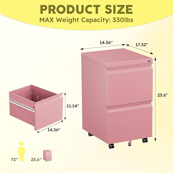 Aobabo Metal 2 Drawer Office File Cabinet with Lock, Under Desk Office Steel Files Cabinet on Wheels, 25.6''H Legal/Letter A4 Size, Fully Assembled Except Wheels,Pink