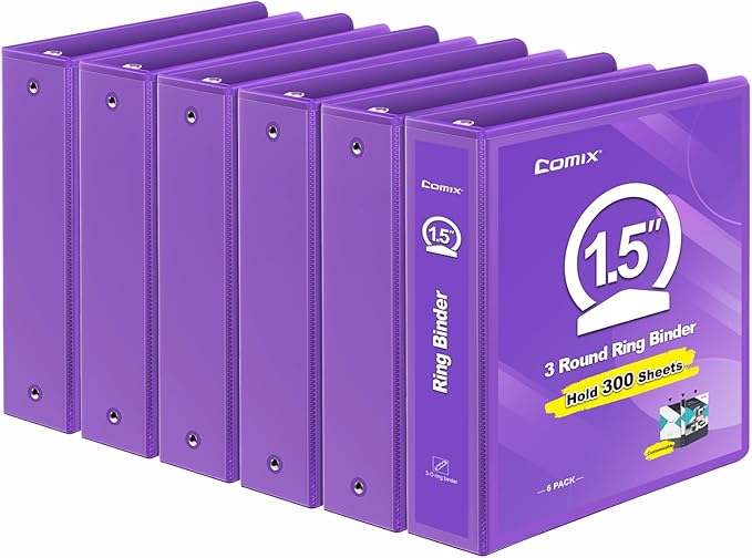 COMIX 3 Ring Binder 1.5 inch with Clear View Cover, 1.5" View Binder Holds 300 Sheets of US Letter Size Paper, 6 Pack (Purple)