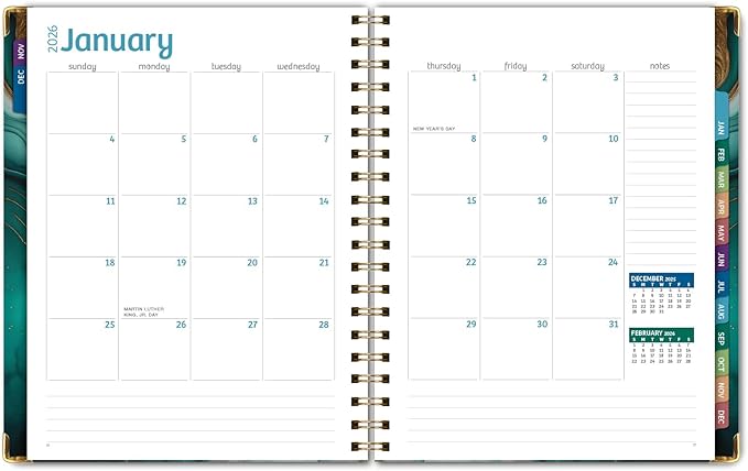 HARDCOVER 2026 Planner, 7"x9": 14 Months (November 2025 - December 2026), Daily Weekly Monthly Planner, Yearly Agenda, Bookmark, Pocket Folder and Sticky Note Set (Teal Gold Marble)
