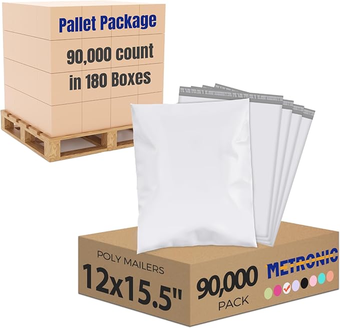 Metronic Poly Mailers 90000 Pack 12 x 15.5, Strong Adhesive Shipping Envelopes for Clothing, Waterproof Shipping Bags for Businesses, Flexible Mailers Poly Bags, Packages Bags Bulk, White