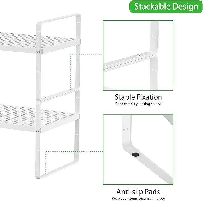 Expandable Cabinet Storage Shelf Stackable Organizer Rack for Kitchen Bathroom Pantry Spice Cupboard Coffee Countertop Home Office Desk Heavy Duty Nonslip White Small 1 Pack