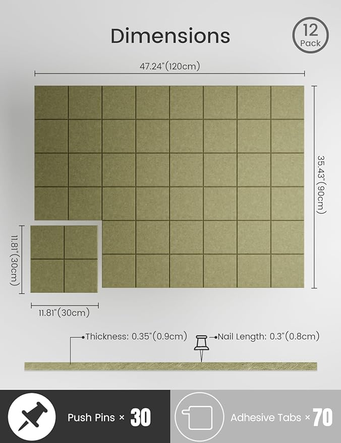 Bumusty Large Felt Bulletin Board 48" x 36" Cork Board Alternative-12 Pack with 70 Safe Removable Adhesive Tabs, Cork Boards for Walls Cork Board for Home Office Classroom Pin Board (Olive Green)