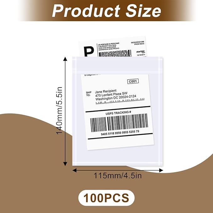 AZUREAL 100PCS Shipping Label Sleeves, 4.5" x 5.5" Packing Slip Pouches, Packing List Envelopes/Shipping Label Envelopes for Mailing, Packing List, Packaging, Protective Documents
