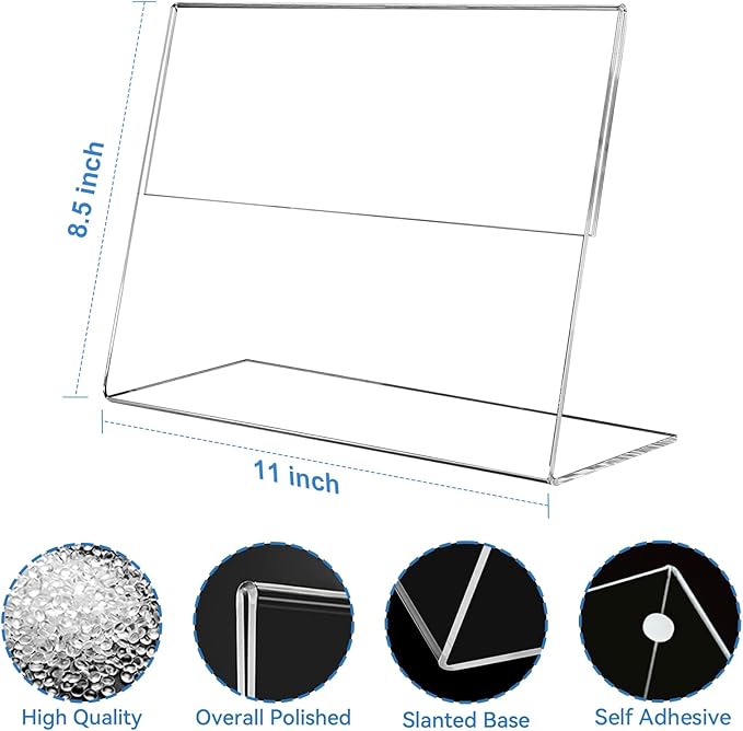 EHWINE 6 Pack 8.5 x 11 Acrylic Sign Holder Horizontal, Clear Plastic Signs Display Stand, Slanted Back Paper Holder Stand up Table Top Sign Holders Flyer Stand Frames for Office Business Store